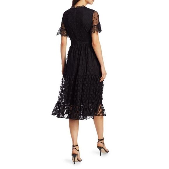 Saloni Lace-Trimmed Polka Dot Tulle Midi Dress Black sz 6 US - Picture 3 of 16